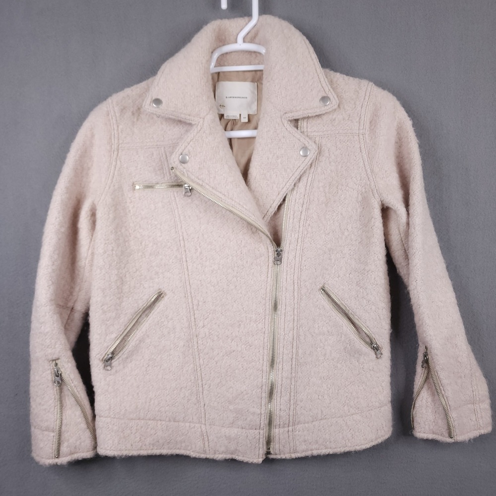 Anthropologie Pink Sherpa Moto Jacket XXS Teddy Boucle Full‎ Zip Wool Coat Women